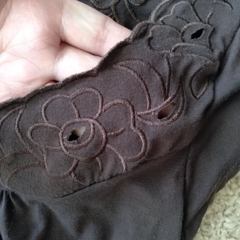 Vintage Y2K Licorice Brown Floral Eyelet Flutter Sleeve Babydoll Top Size Large - Picture 3 of 5